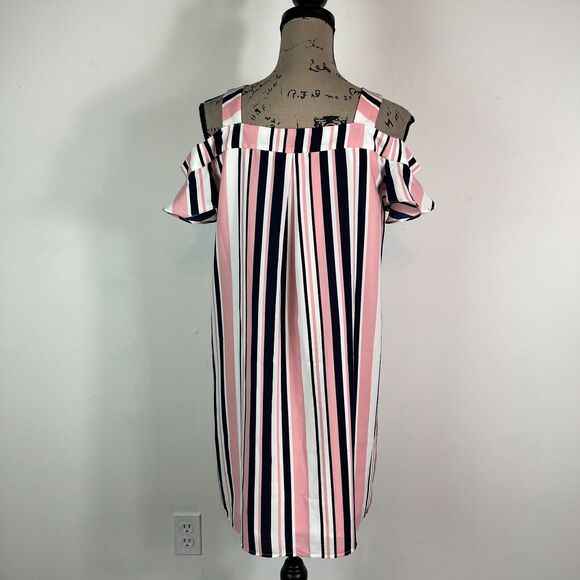 Skies Are Blue NWOT Pink Medium Striped off-the-shoulder Mini Dress Size M - Picture 2 of 4